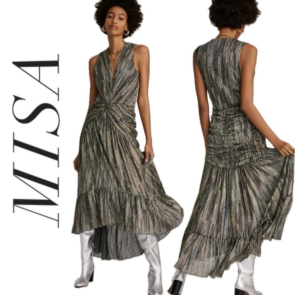 MISA Los Angeles MAXI DRESS METALLIC AVA PLUNGING TWIST RUCHED FLOWY STEAMPUNK‎